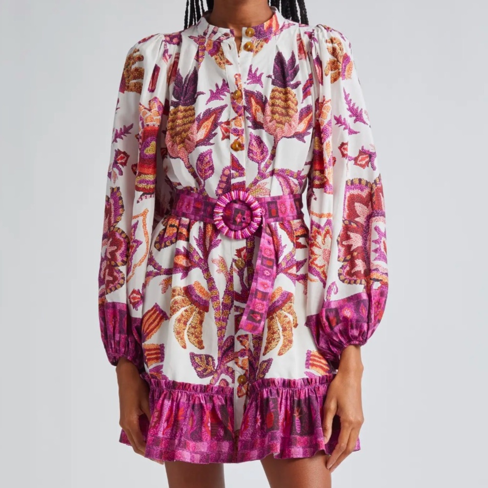 Farm Rio Sunset Tapestry Long Sleeve Belted Shirtdress Dresss